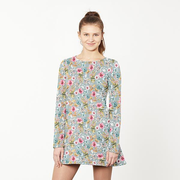 Pique Super Stretch tropische Blumen – schilf