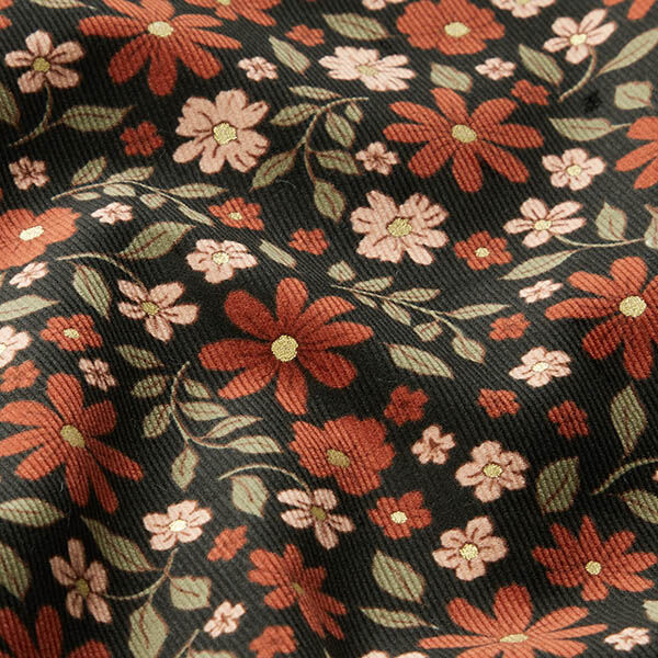 Babycord Glitzer schöne Blumen – schwarz/gold metallic | Reststück 50cm