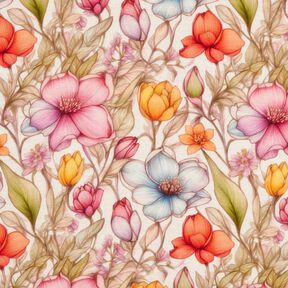 Viskose-Leinen-Mix Blumen und Rosenranken – natur/feuerrot, 