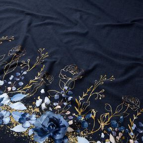 Baumwolljersey Bordürenstoff Blumen im Goldglitzer | Glitzerpüppi – nachtblau/jeansblau, 