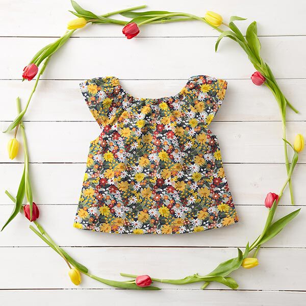 Baumwolljersey Blumenwiese – nachtblau/orange