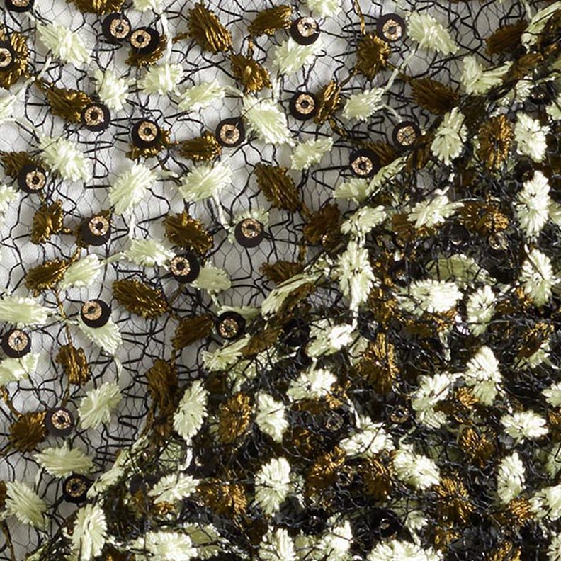 Spitzenstoff Blumenranken & Pailletten – schwarz/oliv,  image number 4