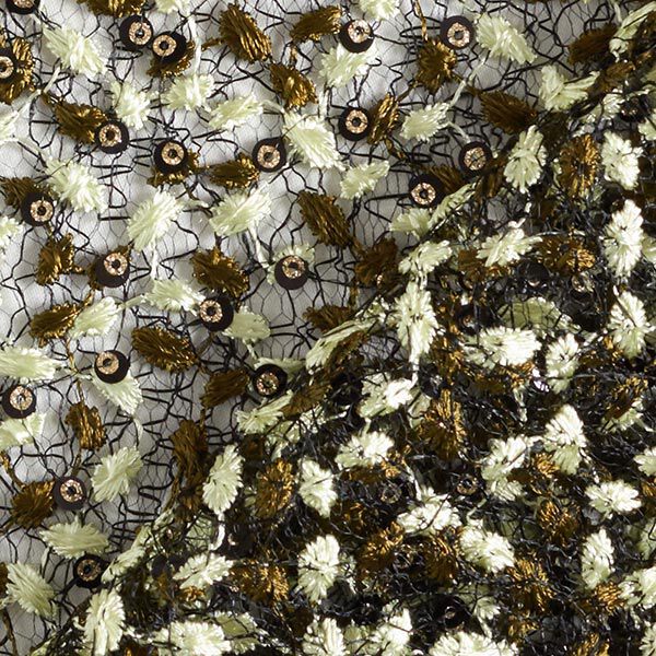 Spitzenstoff Blumenranken & Pailletten – schwarz/oliv