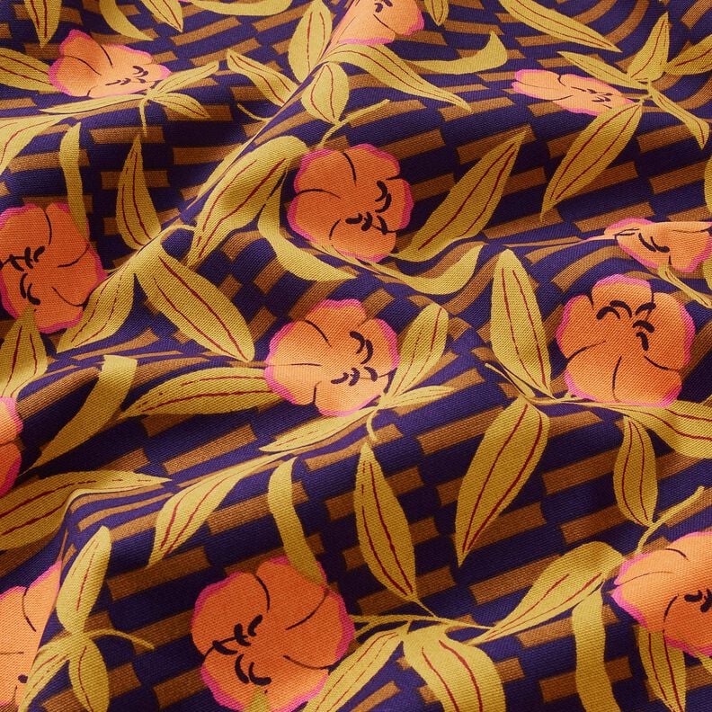 Dekostoff Halbpanama kunterbunte Blumen – aubergine/hellorange, image number 2