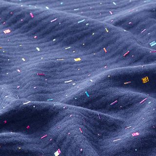 Musselin/ Doppel-Krinkel Gewebe Regenbogen Glitzerstriche Foliendruck – nachtblau, 