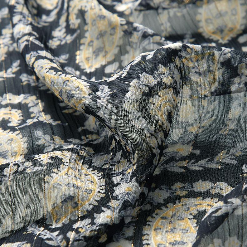 Crêpe Chiffon Paisley und Lurexstreifen – schwarz/silberblau,  image number 2