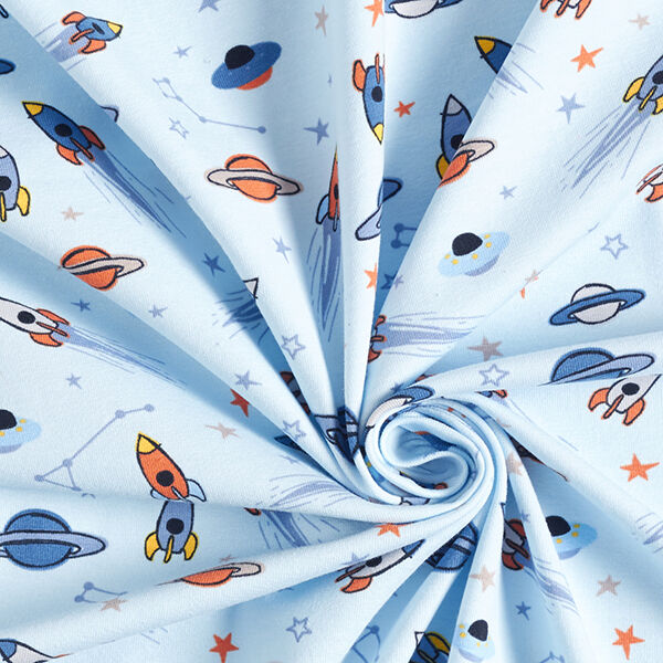 Baumwolljersey Raketen und Planeten – babyblau | Reststück 50cm