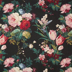 Dekostoff Gobelin Blumen-Bouquet – schwarz/karminrot, 