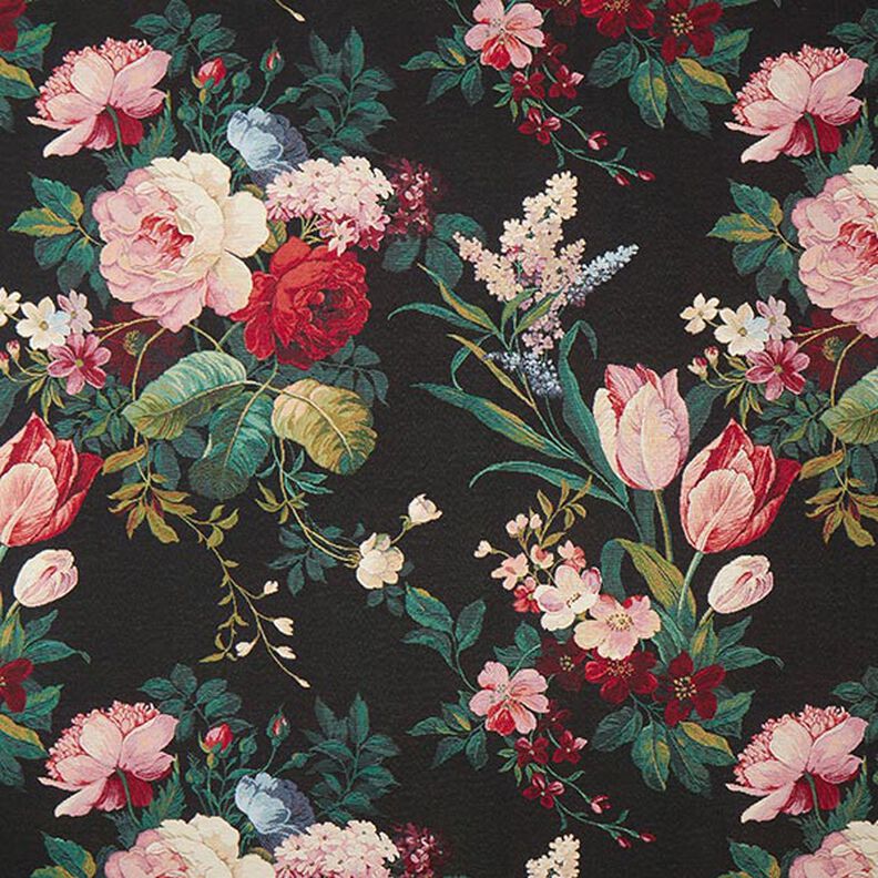 Dekostoff Gobelin Blumen-Bouquet – schwarz/karminrot,  image number 1