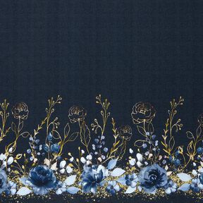 Baumwolljersey Bordürenstoff Blumen im Goldglitzer | Glitzerpüppi – nachtblau/jeansblau, 