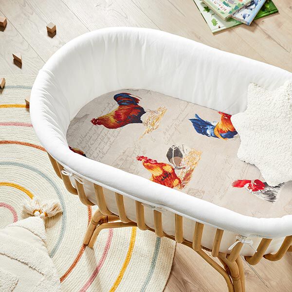 Dekostoff Canvas Hahn und Schrift – natur | Reststück 50cm
