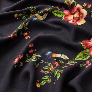 Viskosestoff mit beidseitiger Blumenbordüre – schwarz, 