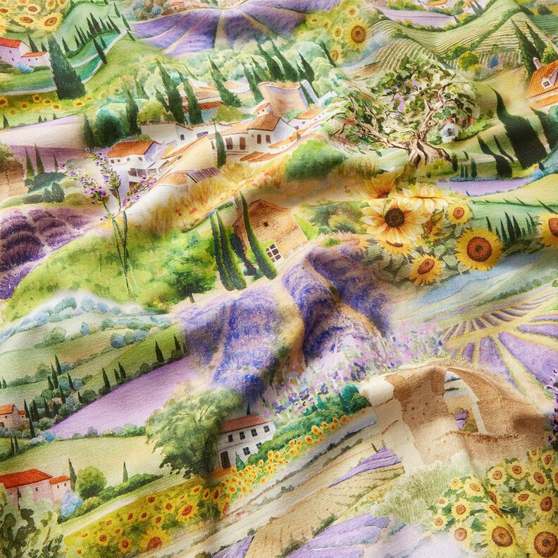 Dekostoff Halbpanama Lavendel Landschaft – grasgrün/lavendel,  image number 2