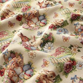 Dekostoff Gobelin Osterhasen im Garten – hellbeige/beere, 