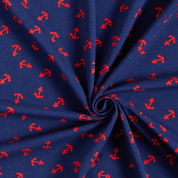 Baumwolljersey kleine Anker – marineblau/feuerrot | Reststück 100cm