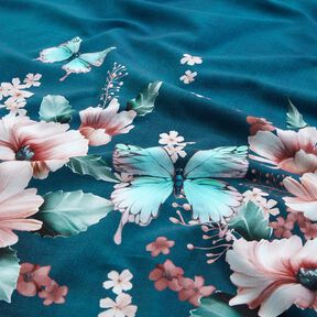 Baumwolljersey Schmetterlingswiese | Glitzerpüppi  – hellpetrol/rosé, 