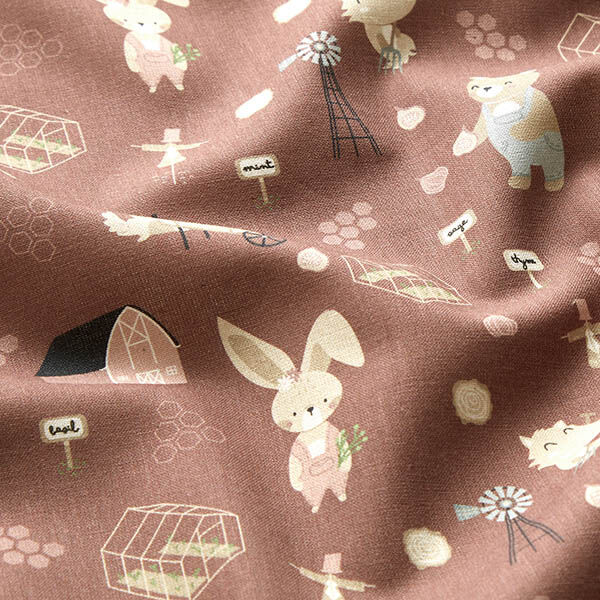 Bio-Baumwollpopeline Hase Bär und Fuchs gärtnern – maronenbraun, image number 2