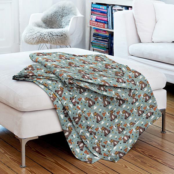 Wellnessfleece Doubleface Bär mit Federschmuck – hellgrau/dunkelbraun | Reststück 100cm