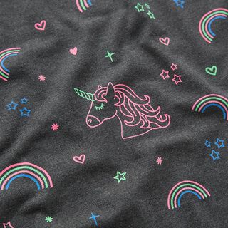 Baumwolljersey Neon-Einhörner und Regenbögen – anthrazit, 