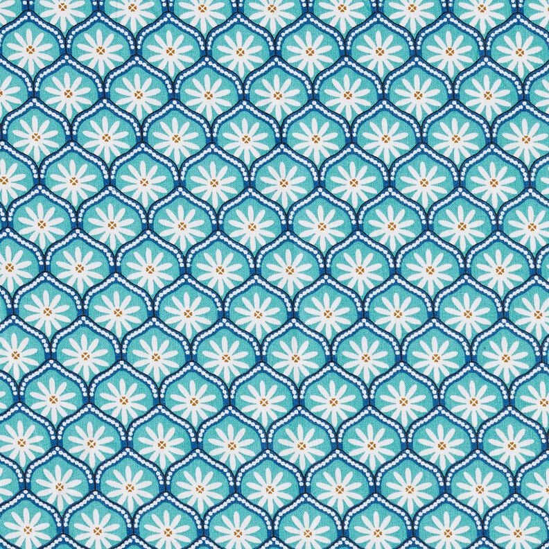 Beschichtete Baumwolle Blumenkacheln – aquablau/weiss, image number 1