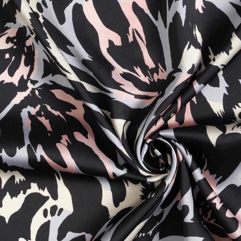 Crêpe Satin abstrakte Blütenblätter – schwarz/silber,  image number 3