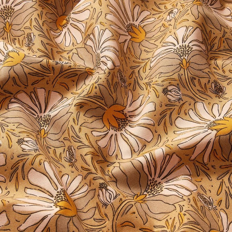 Dekostoff Halbpanama große Blumen – dunkelbeige/currygelb, image number 2
