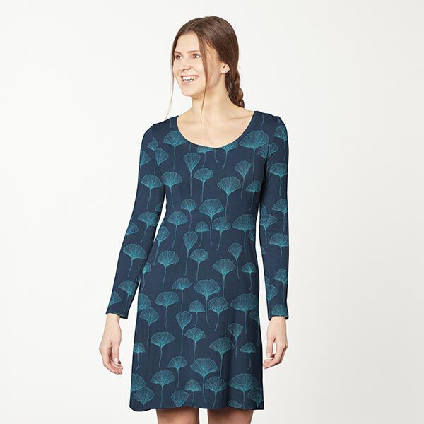 Baumwolljersey Ginkgoblätter – marineblau | Reststück 100cm