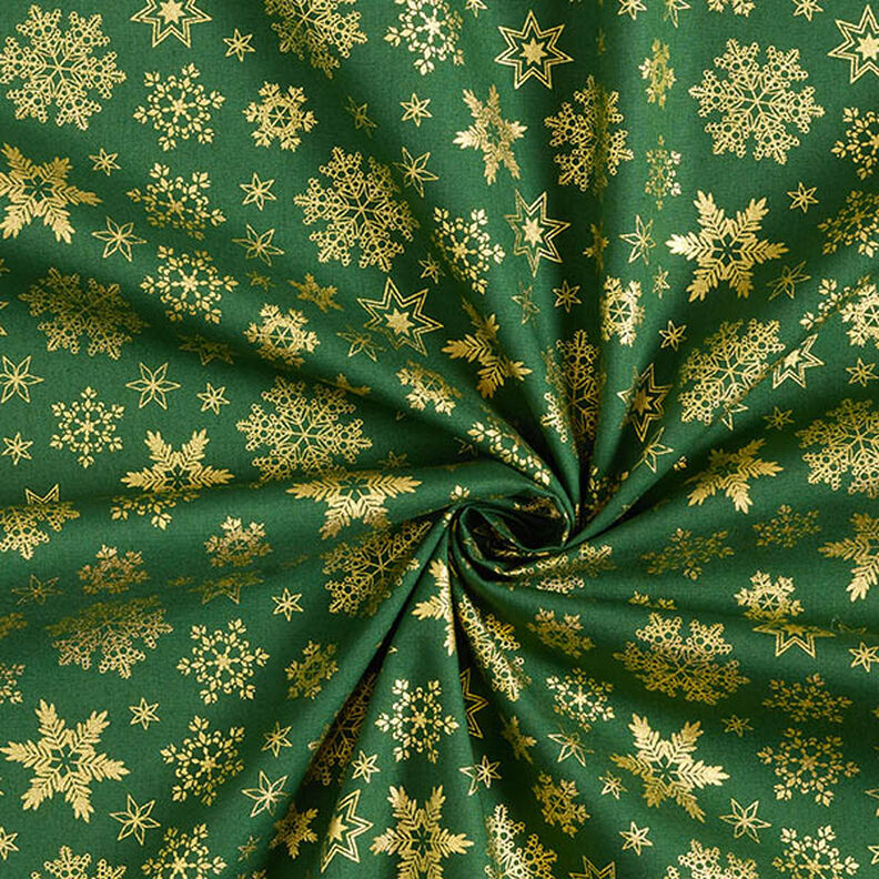Baumwollstoff Popeline Schneekristalle – grün/gold, image number 3