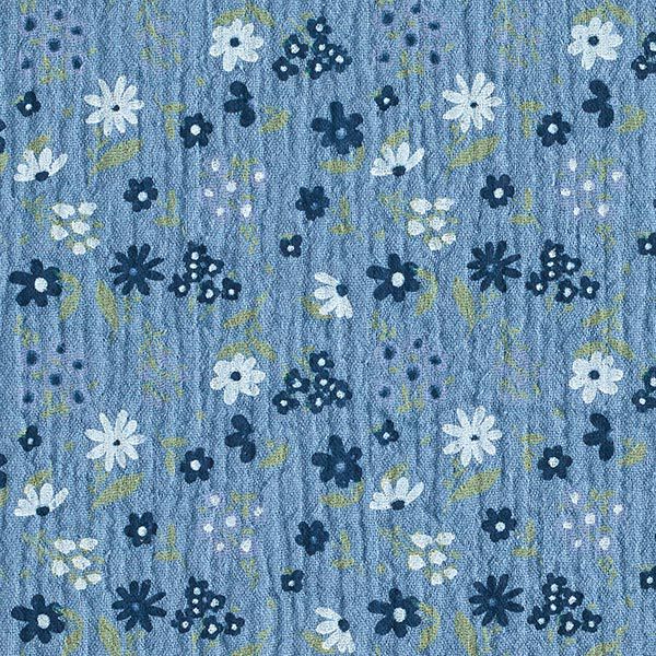 Musselin/ Doppel-Krinkel Gewebe kleine Blümchen – ozeanblau | Reststück 50cm