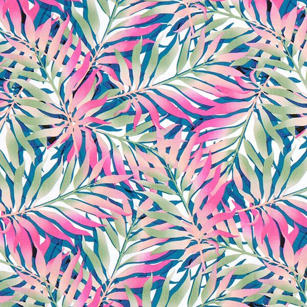 Viskosestoff tropische Blätter – weiss/rosa | Reststück 100cm