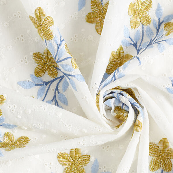 Baumwollstoff Lochstickerei Blumen – weiss/blau | Reststück 50cm