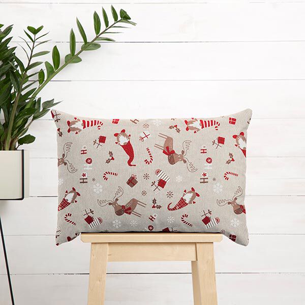 Dekostoff Halbpanama Wichtel – beige/rot | Reststück 50cm