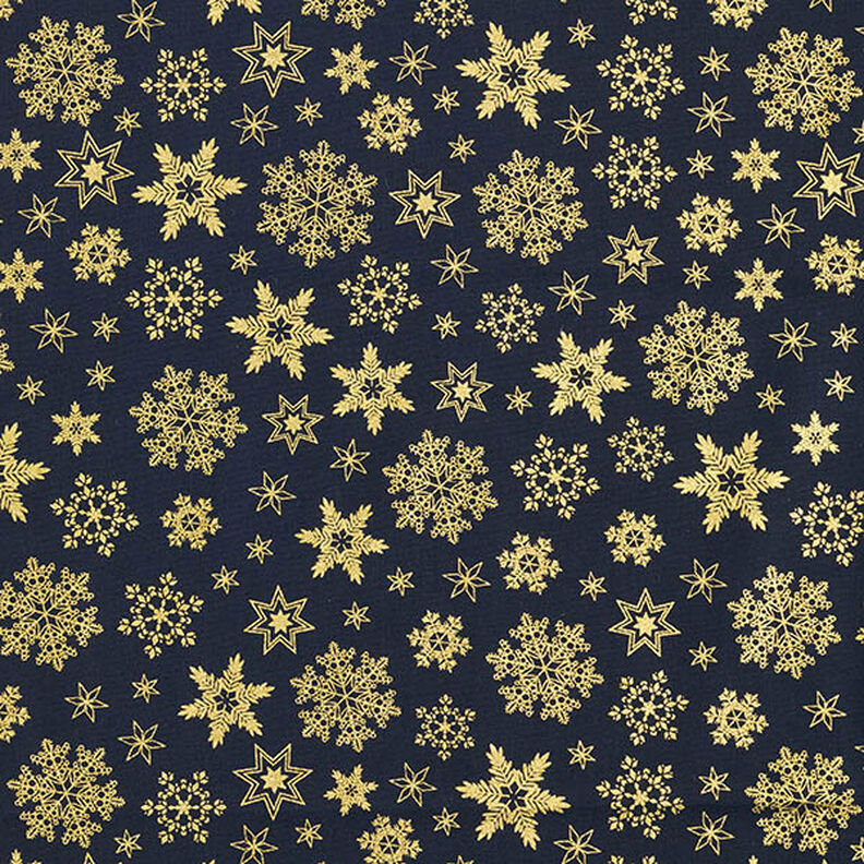 Baumwollstoff Popeline Schneekristalle – nachtblau/gold, image number 1