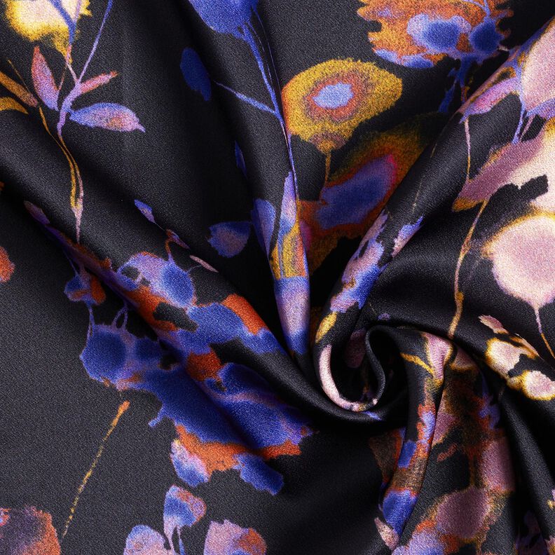 Viskosestoff Cupro Aquarellblumen – schwarz/blaulila,  image number 3