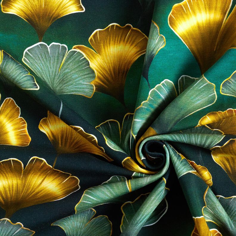 Baumwolljersey Ginkgo | Glitzerpüppi – dunkelgrün/altgold,  image number 3