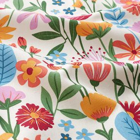 Dekostoff Halbpanama kunterbunte Blumen – elfenbein/pastellviolett, 