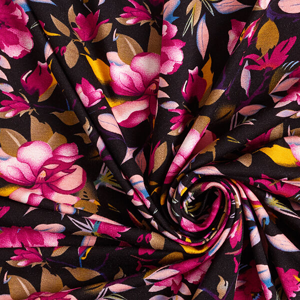 Viskosejersey wunderschöne Blumen – schwarz/violett | Reststück 120cm