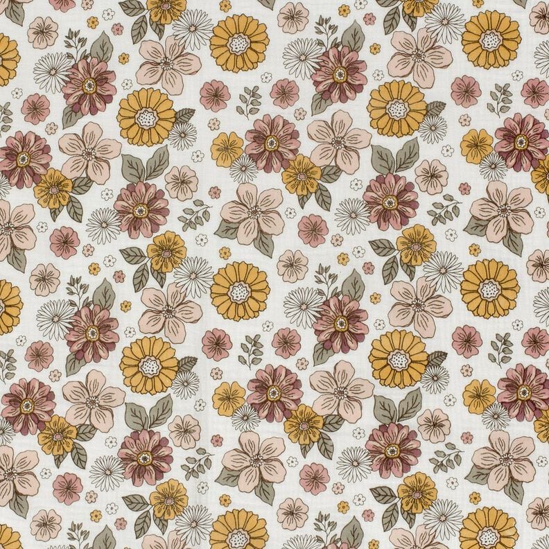 Musselin/ Doppel-Krinkel Gewebe Retro Blumen – weiss, image number 1