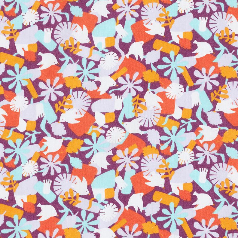 Baumwollstoff Cretonne Vögel und Blumen – traube/pastellviolett, image number 1