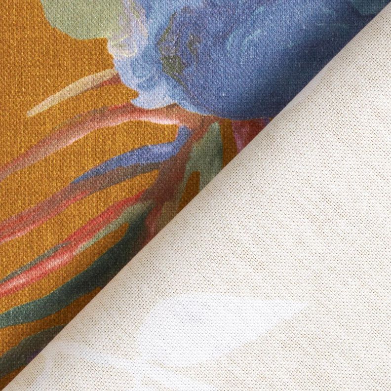 Dekostoff Halbpanama große Retroblumen – karamell/hellkhaki,  image number 4