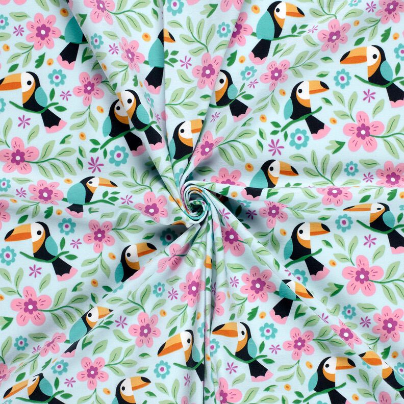 Baumwolljersey Tukane im Blumen-Dschungel – babyblau/orange,  image number 3