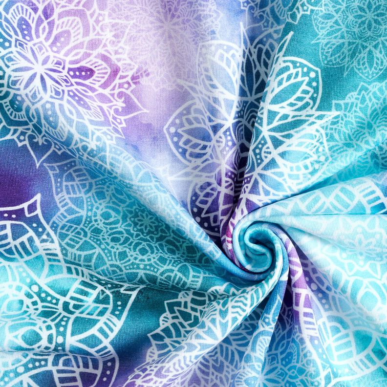 French Terry Sommersweat Regenbogenmandalas | Glitzerpüppi – hellpetrol/lavendel,  image number 3