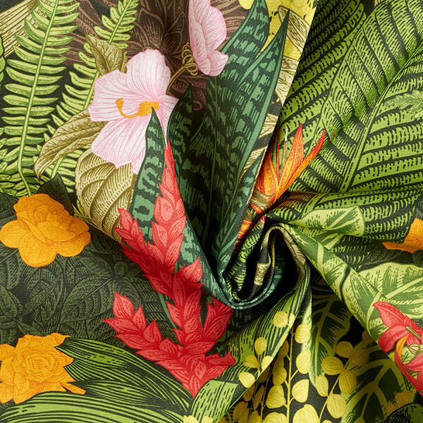 Outdoorstoff Canvas Exotische Pflanzen – dunkelgrün | Reststück 50cm