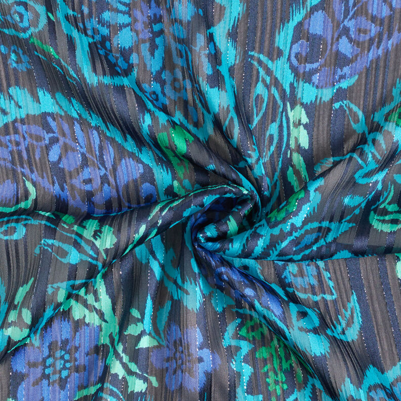 Chiffon Satin- und Glitzerstreifen Paisley-Blumen – türkis/schwarz,  image number 4