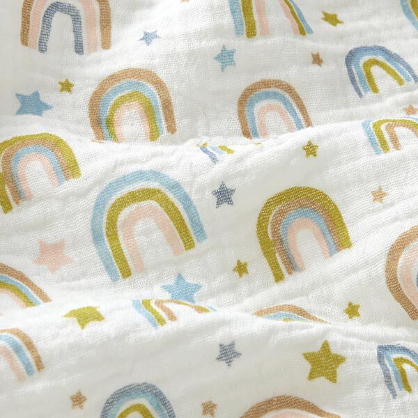 Musselin/ Doppel-Krinkel Gewebe Regenbögen und Sterne – wollweiss