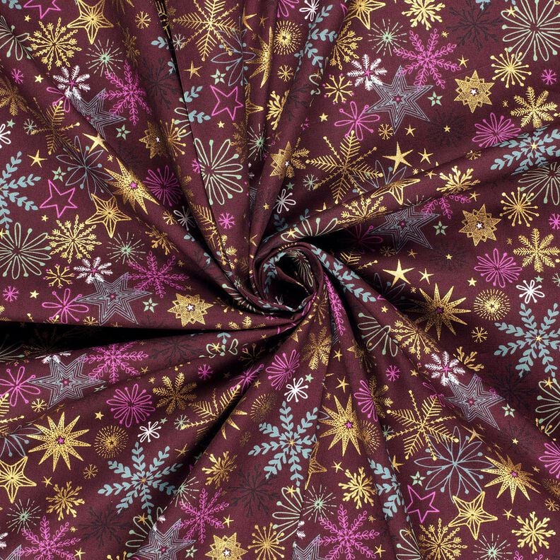 Baumwollstoff Popeline Sternen-Mix – bordeauxrot/gold, image number 3