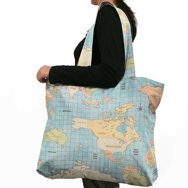 Dekostoff Halbpanama Weltkarte Vintage – helltürkis | Reststück 50cm