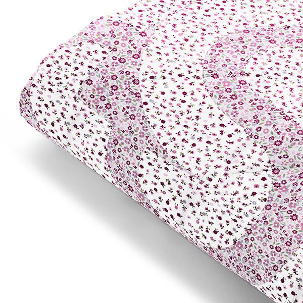 Baumwollpopeline zarte Blumenwiese – wollweiss/purpur | Reststück 50cm