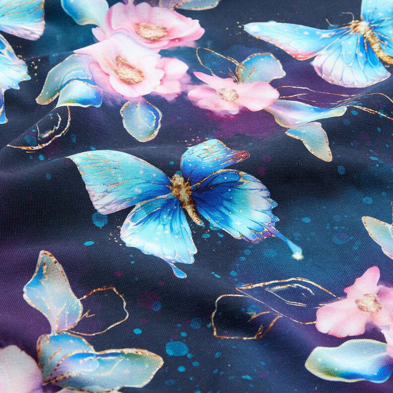 Baumwolljersey Sparkly Butterflies and Flowers | Glitzerpüppi – nachtblau/eisblau, image number 2