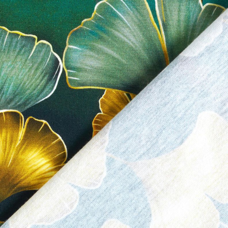 Baumwolljersey Ginkgo | Glitzerpüppi – dunkelgrün/altgold,  image number 4